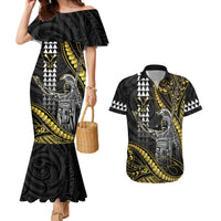 Hawaii King Kamehameha The Great Couples Matching Mermaid Dress and Hawaiian Shirt Gold Tribal Tattoo LT05 Gold - Polynesian Pride