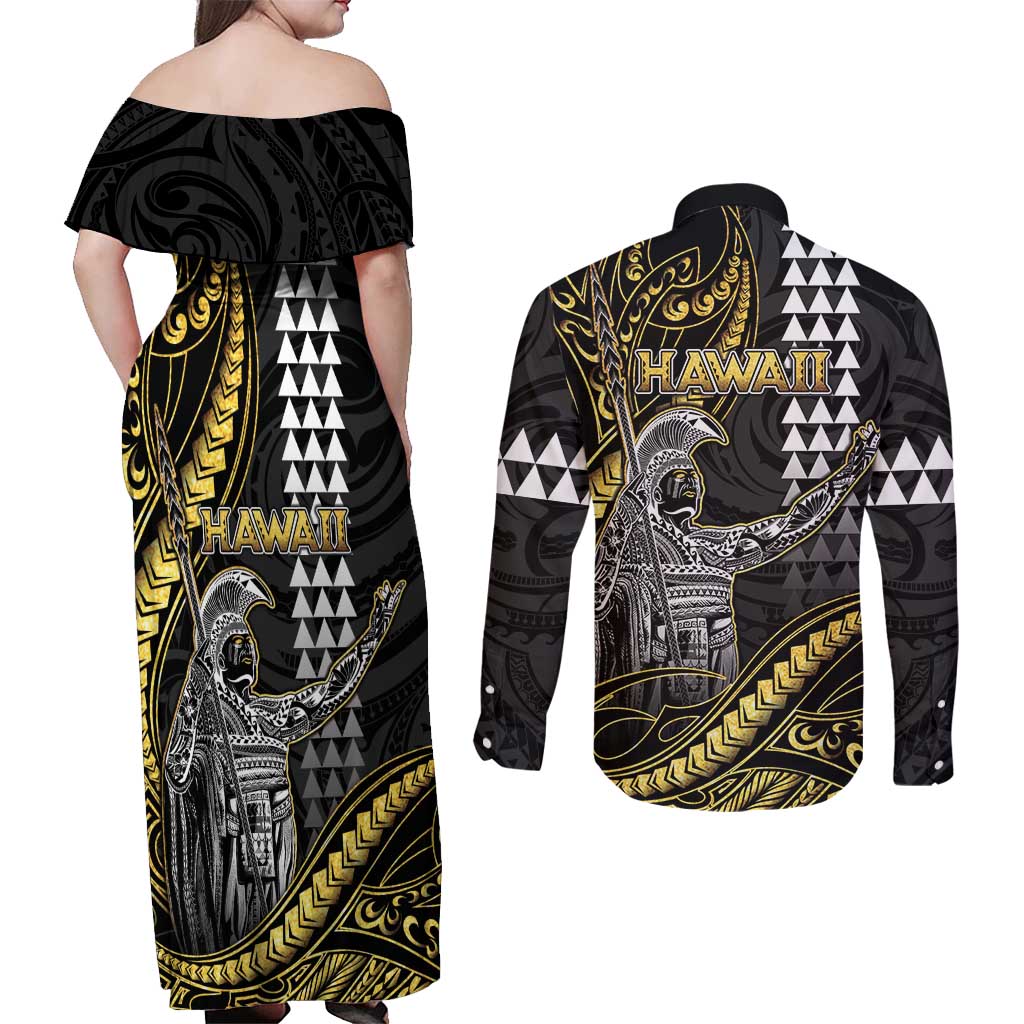 Hawaii King Kamehameha The Great Couples Matching Off Shoulder Maxi Dress and Long Sleeve Button Shirt Gold Tribal Tattoo LT05 - Polynesian Pride