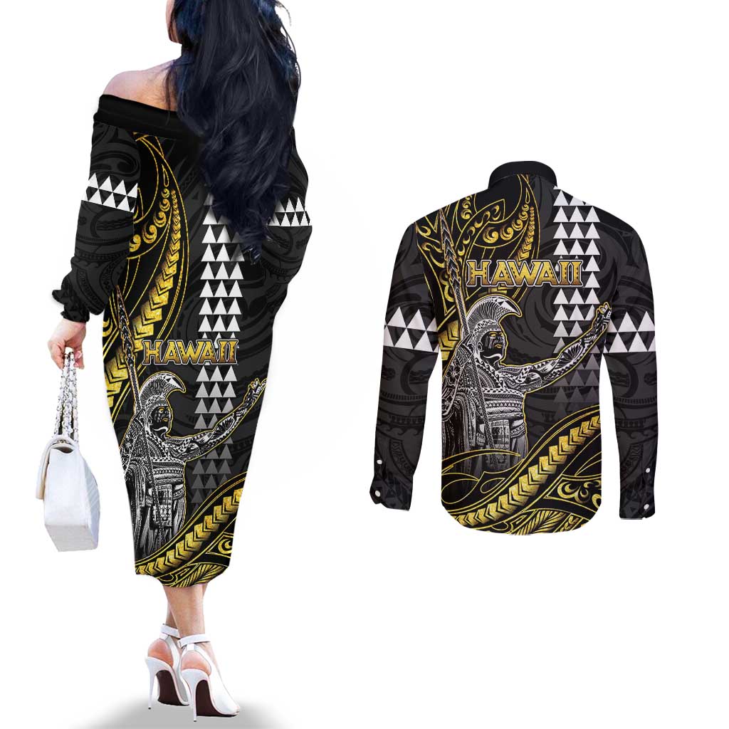 Hawaii King Kamehameha The Great Couples Matching Off The Shoulder Long Sleeve Dress and Long Sleeve Button Shirt Gold Tribal Tattoo