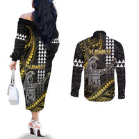 Hawaii King Kamehameha The Great Couples Matching Off The Shoulder Long Sleeve Dress and Long Sleeve Button Shirt Gold Tribal Tattoo