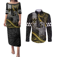 Hawaii King Kamehameha The Great Couples Matching Puletasi and Long Sleeve Button Shirt Gold Tribal Tattoo LT05 Gold - Polynesian Pride