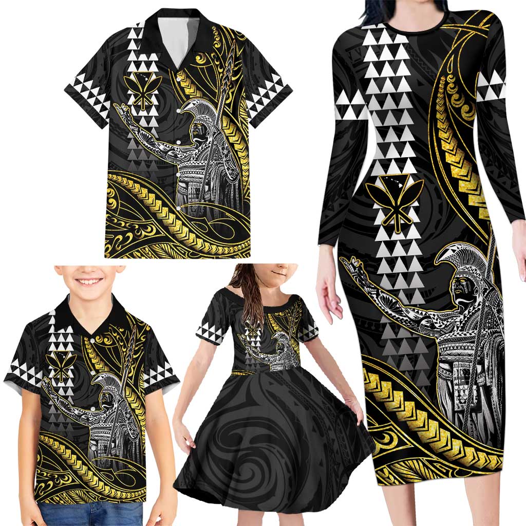 Hawaii King Kamehameha The Great Family Matching Long Sleeve Bodycon Dress and Hawaiian Shirt Gold Tribal Tattoo LT05 - Polynesian Pride