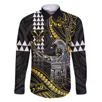 Hawaii King Kamehameha The Great Family Matching Long Sleeve Bodycon Dress and Hawaiian Shirt Gold Tribal Tattoo LT05 Dad's Shirt - Long Sleeve Gold - Polynesian Pride