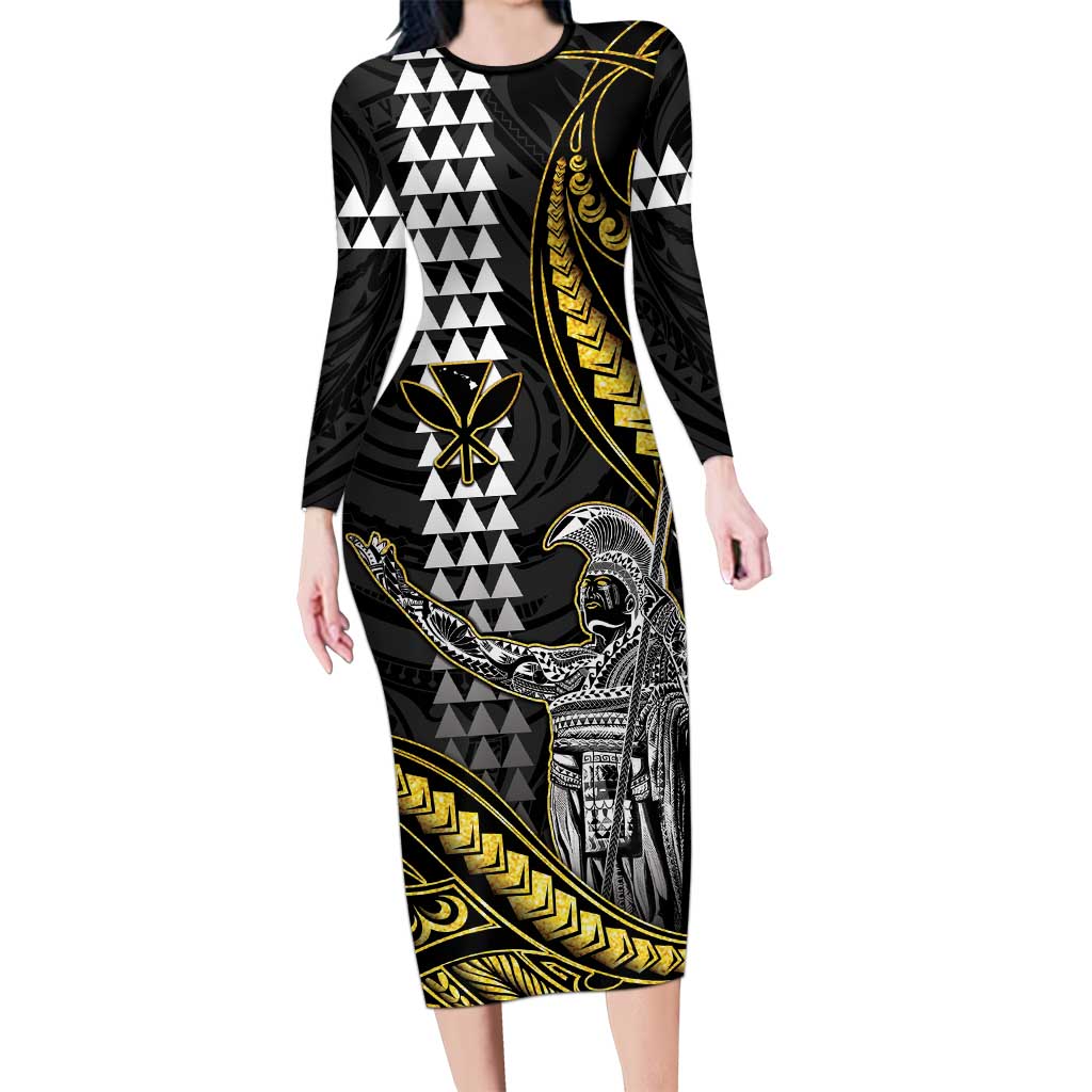 Hawaii King Kamehameha The Great Family Matching Long Sleeve Bodycon Dress and Hawaiian Shirt Gold Tribal Tattoo LT05 Mom's Dress Gold - Polynesian Pride