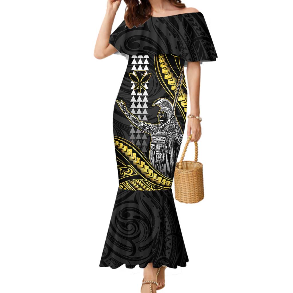 Hawaii King Kamehameha The Great Family Matching Mermaid Dress and Hawaiian Shirt Gold Tribal Tattoo LT05 Mom's Dress Gold - Polynesian Pride