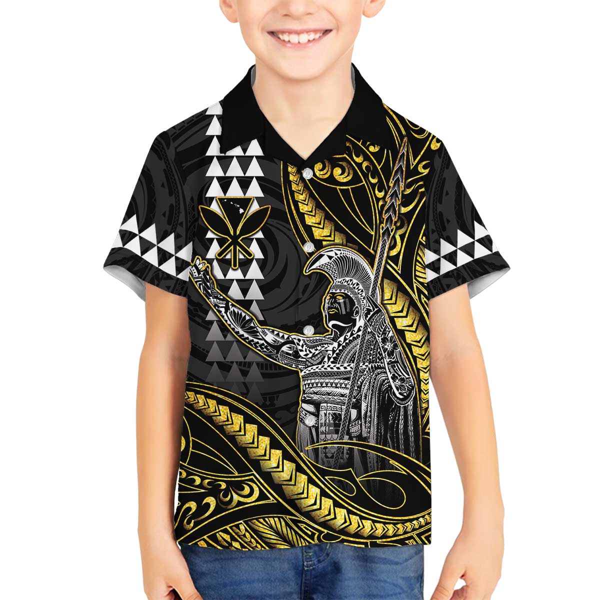 Hawaii King Kamehameha The Great Family Matching Off The Shoulder Long Sleeve Dress and Hawaiian Shirt Gold Tribal Tattoo