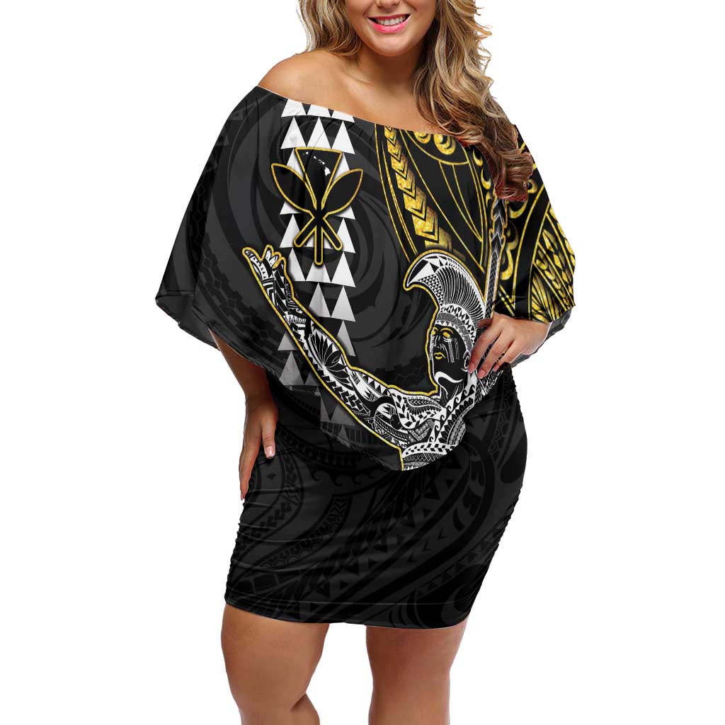 Hawaii King Kamehameha The Great Family Matching Off Shoulder Short Dress and Hawaiian Shirt Gold Tribal Tattoo