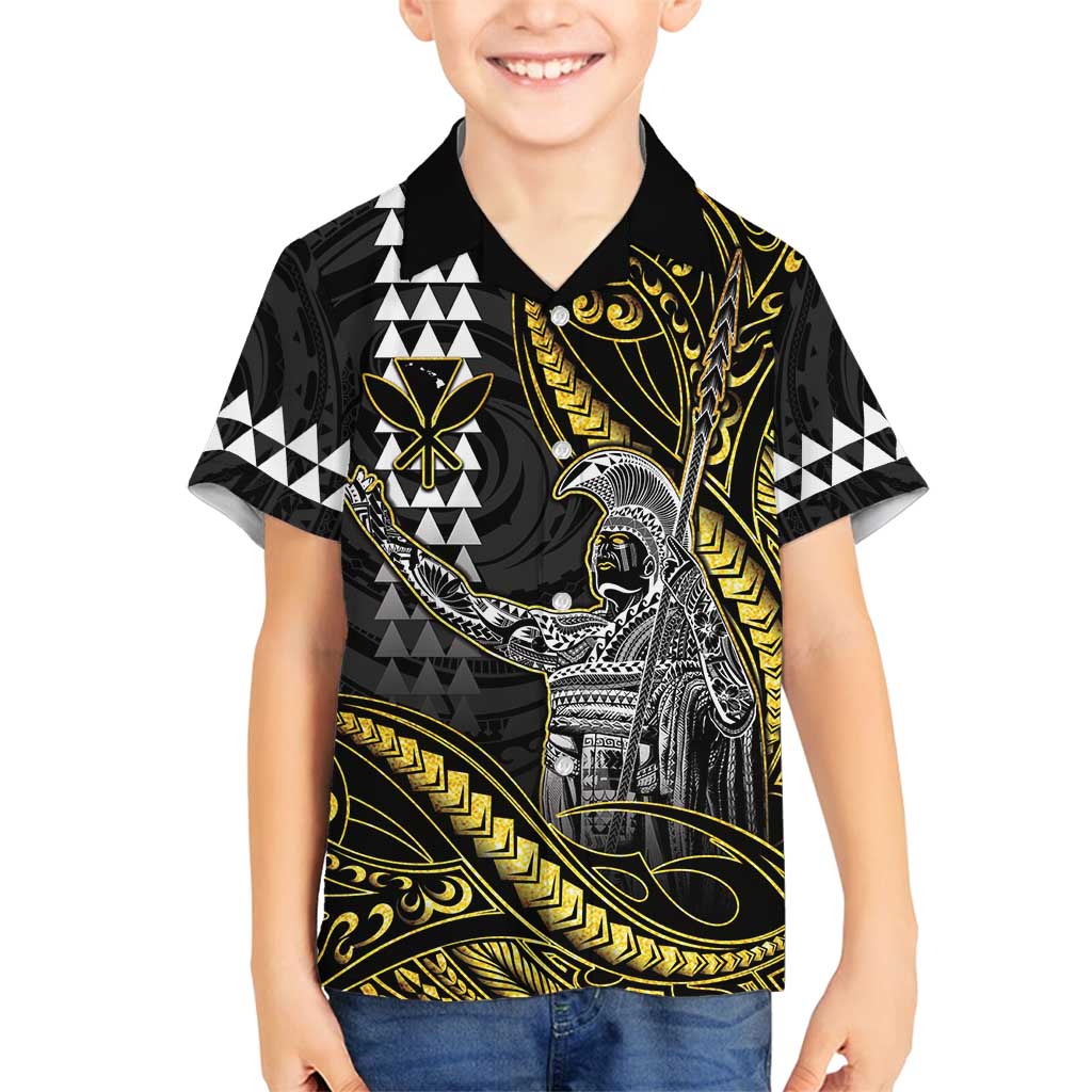Hawaii King Kamehameha The Great Family Matching Off Shoulder Short Dress and Hawaiian Shirt Gold Tribal Tattoo
