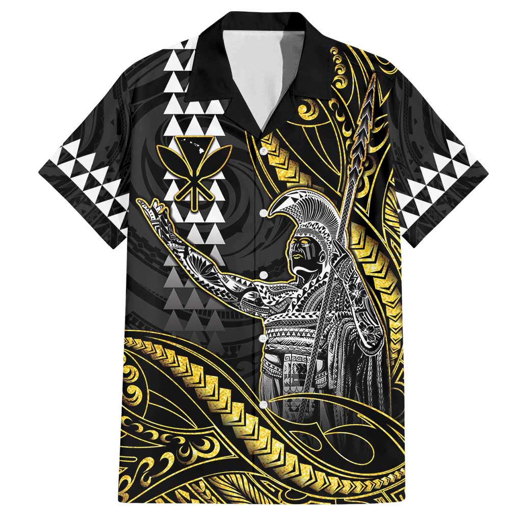Hawaii King Kamehameha The Great Family Matching Puletasi and Hawaiian Shirt Gold Tribal Tattoo LT05 Dad's Shirt - Short Sleeve Gold - Polynesian Pride