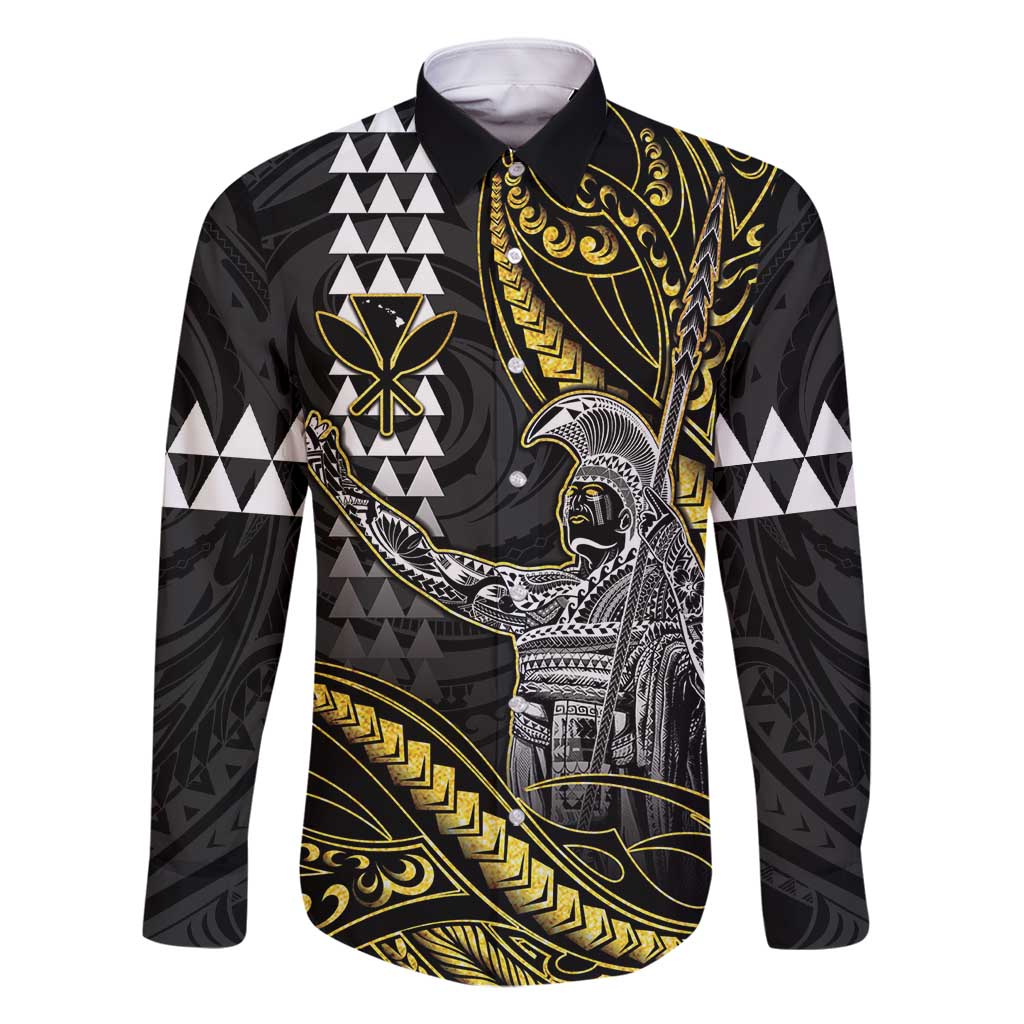 Hawaii King Kamehameha The Great Family Matching Tank Maxi Dress and Hawaiian Shirt Gold Tribal Tattoo LT05 Dad's Shirt - Long Sleeve Gold - Polynesian Pride