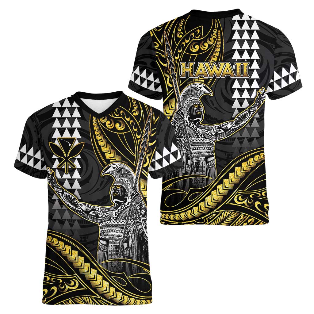 Hawaii King Kamehameha The Great Women V-Neck T-Shirt Gold Tribal Tattoo