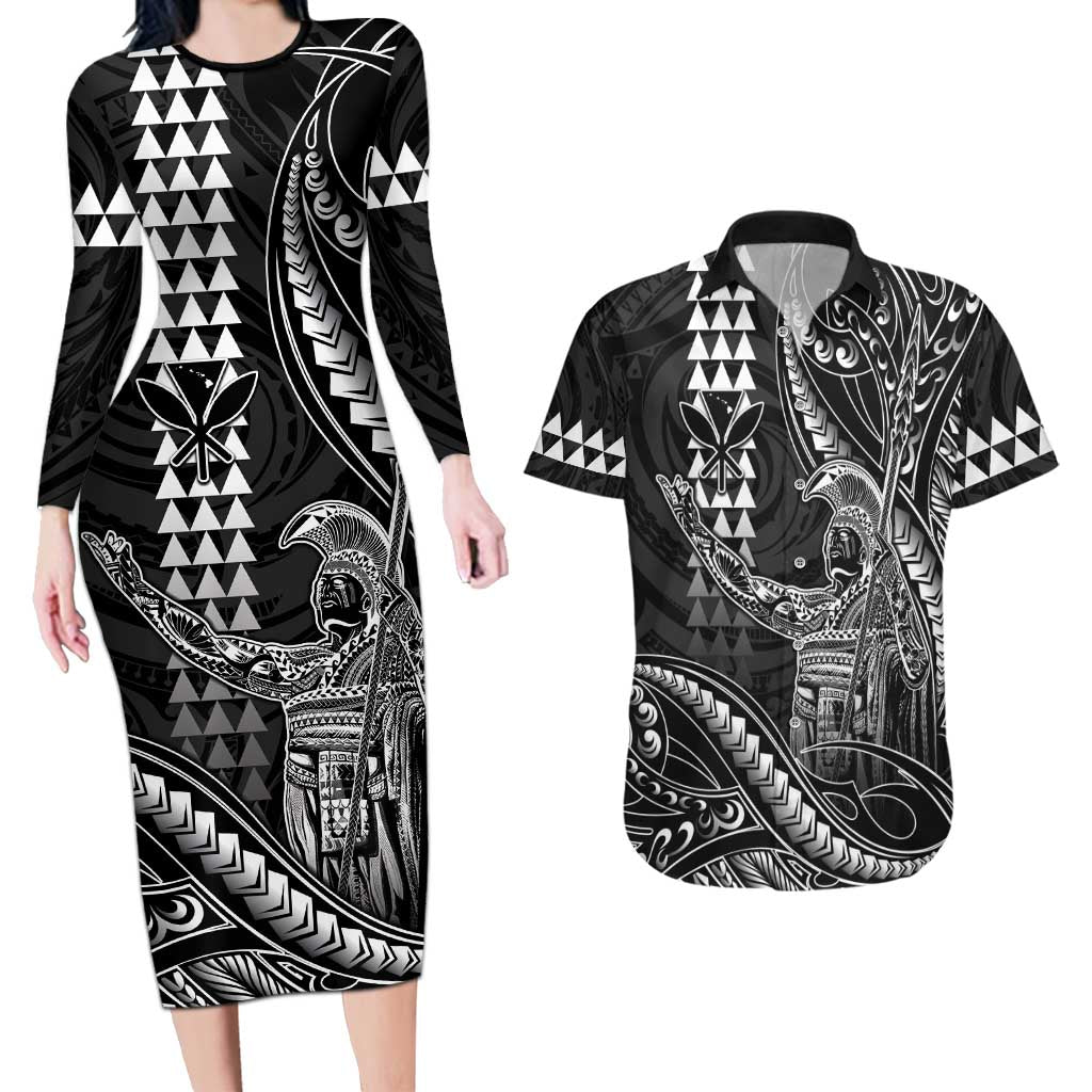 Hawaii King Kamehameha The Great Couples Matching Long Sleeve Bodycon Dress and Hawaiian Shirt Black Tribal Tattoo LT05 Black - Polynesian Pride