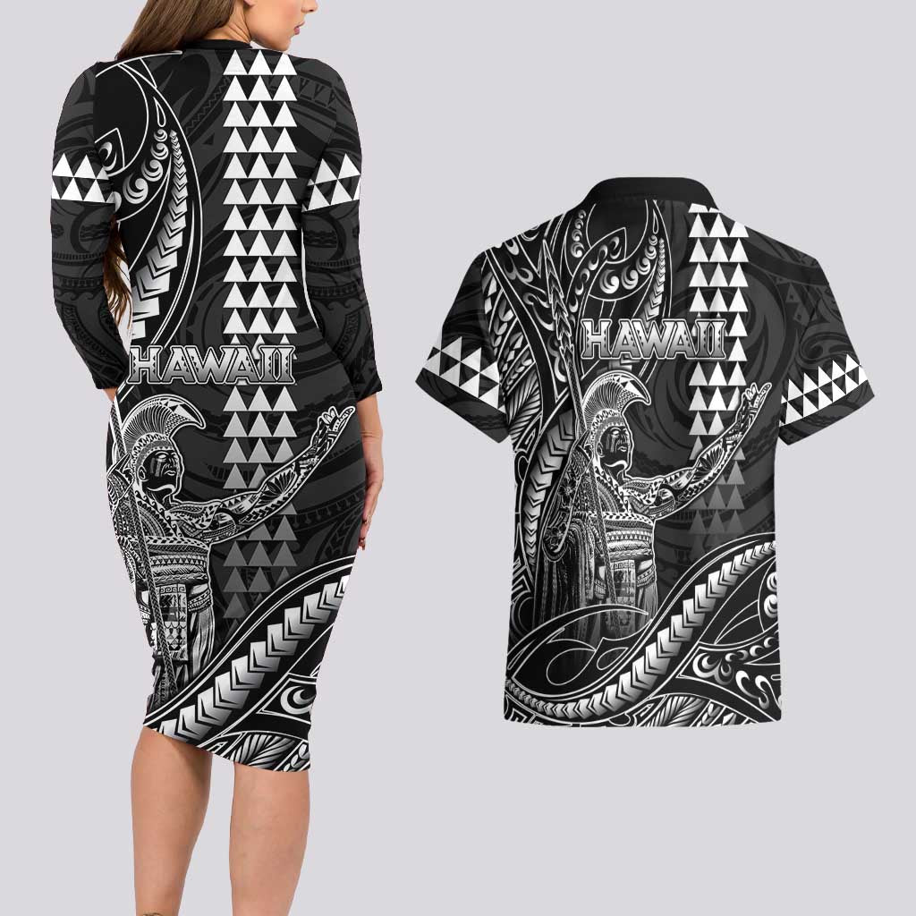 Hawaii King Kamehameha The Great Couples Matching Long Sleeve Bodycon Dress and Hawaiian Shirt Black Tribal Tattoo LT05 - Polynesian Pride