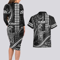 Hawaii King Kamehameha The Great Couples Matching Long Sleeve Bodycon Dress and Hawaiian Shirt Black Tribal Tattoo LT05 - Polynesian Pride