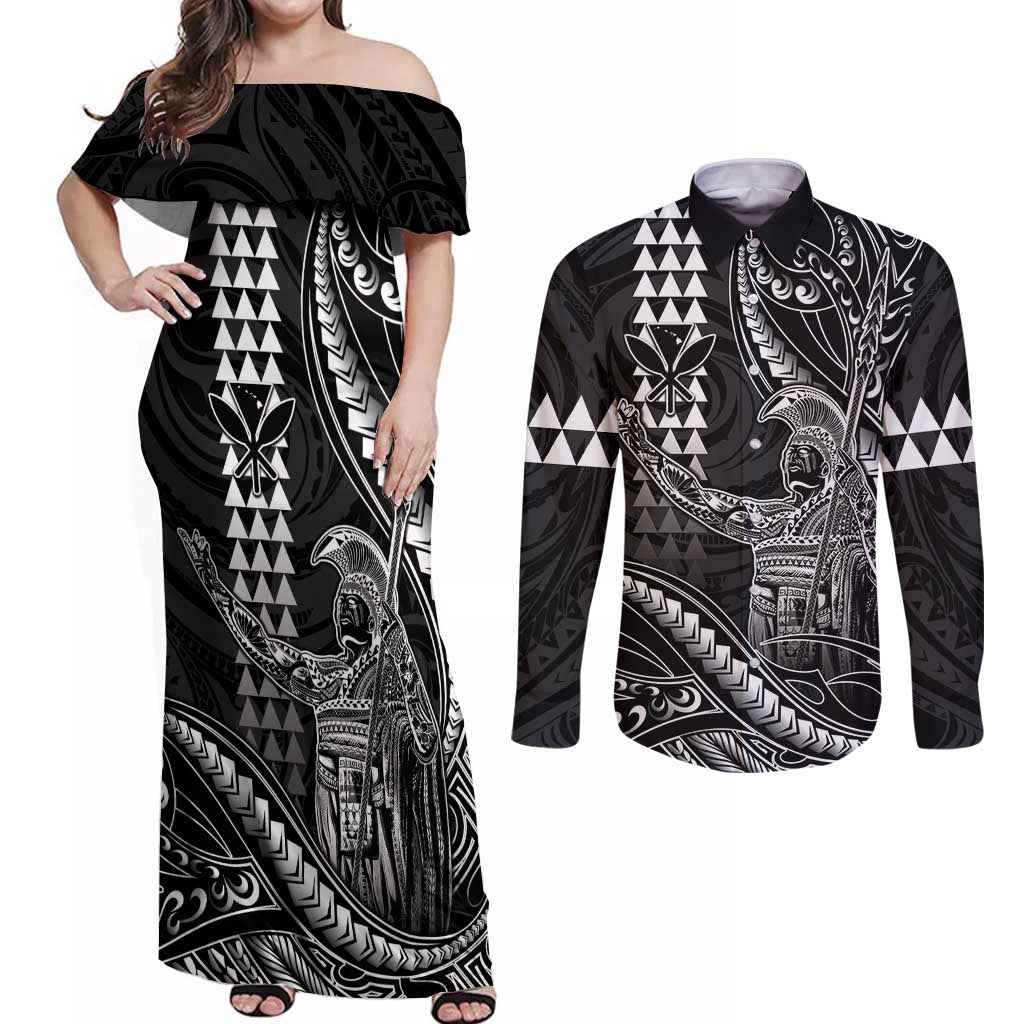 Hawaii King Kamehameha The Great Couples Matching Off Shoulder Maxi Dress and Long Sleeve Button Shirt Black Tribal Tattoo LT05 Black - Polynesian Pride