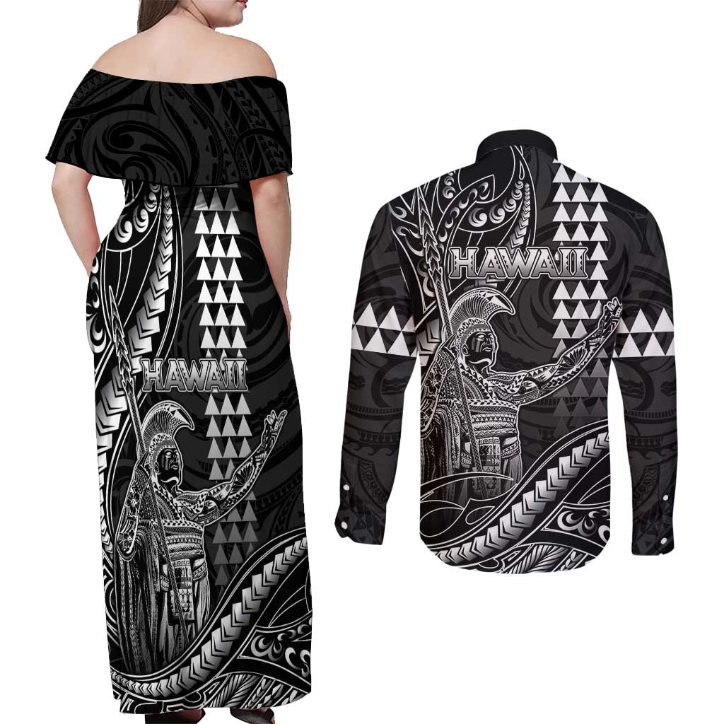 Hawaii King Kamehameha The Great Couples Matching Off Shoulder Maxi Dress and Long Sleeve Button Shirt Black Tribal Tattoo LT05 - Polynesian Pride