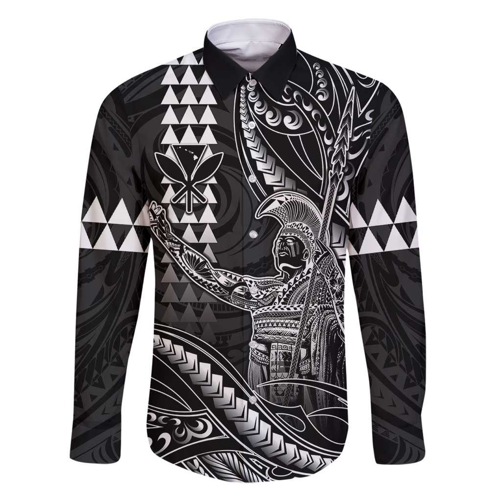 Hawaii King Kamehameha The Great Family Matching Long Sleeve Bodycon Dress and Hawaiian Shirt Black Tribal Tattoo LT05 Dad's Shirt - Long Sleeve Black - Polynesian Pride