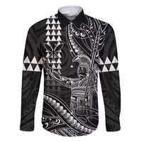 Hawaii King Kamehameha The Great Family Matching Long Sleeve Bodycon Dress and Hawaiian Shirt Black Tribal Tattoo LT05 Dad's Shirt - Long Sleeve Black - Polynesian Pride
