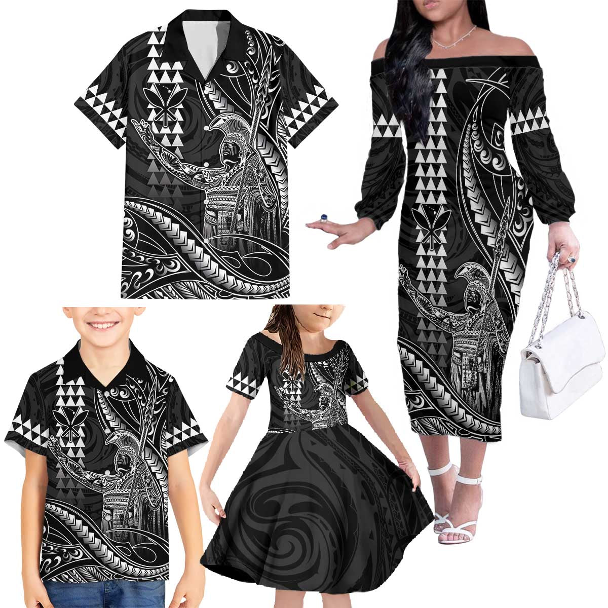 Hawaii King Kamehameha The Great Family Matching Off The Shoulder Long Sleeve Dress and Hawaiian Shirt Black Tribal Tattoo