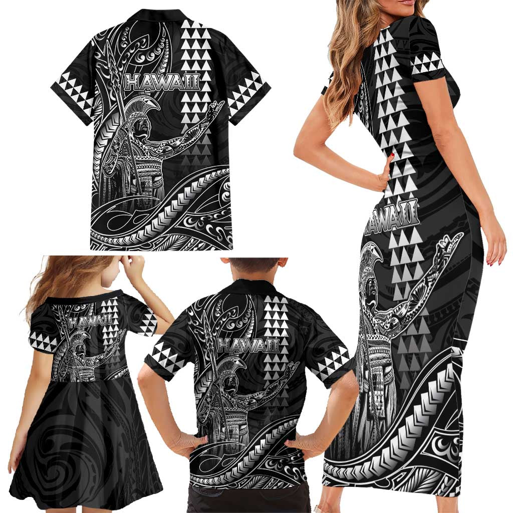 Hawaii King Kamehameha The Great Family Matching Short Sleeve Bodycon Dress and Hawaiian Shirt Black Tribal Tattoo LT05 - Polynesian Pride