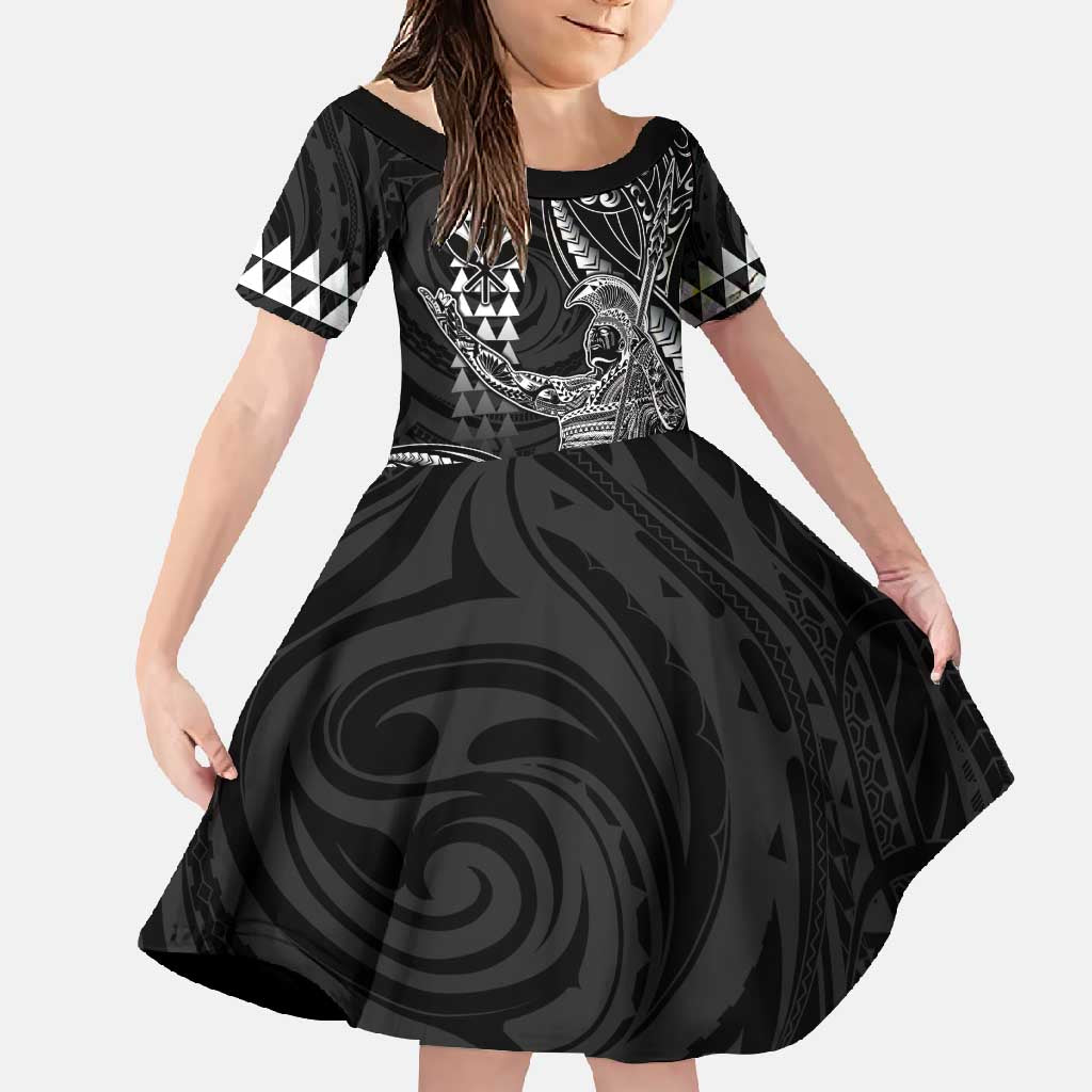 Hawaii King Kamehameha The Great Family Matching Summer Maxi Dress and Hawaiian Shirt Black Tribal Tattoo LT05 Daughter's Dress Black - Polynesian Pride