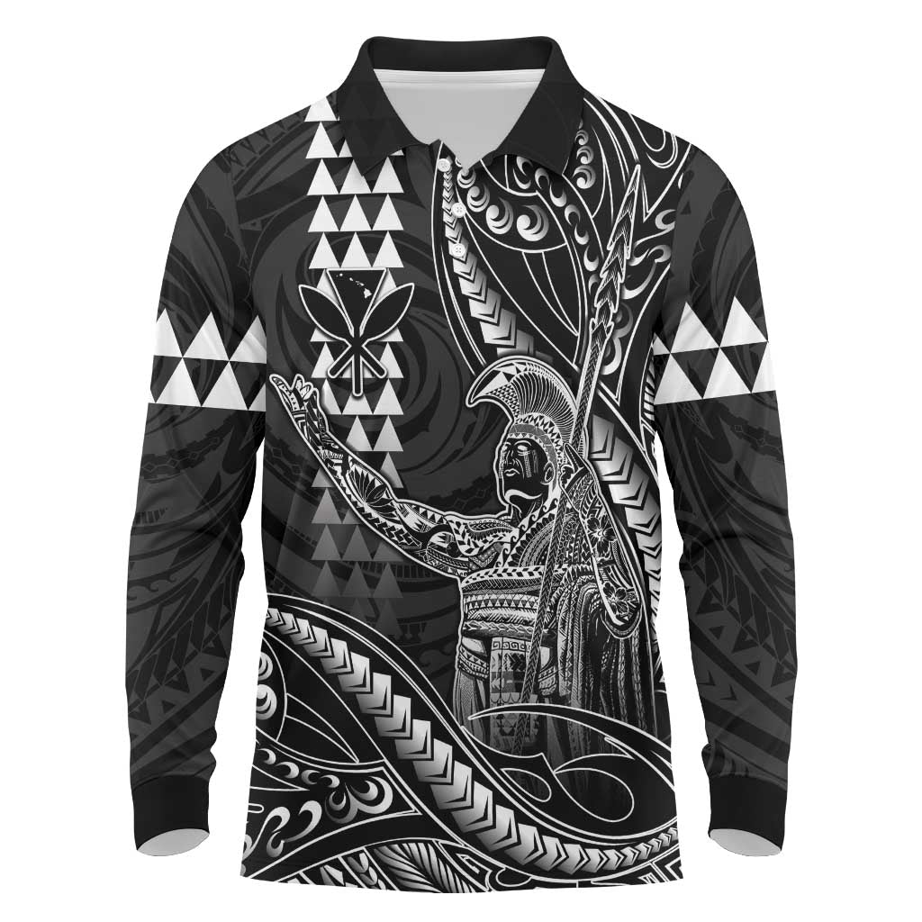 Hawaii King Kamehameha The Great Long Sleeve Polo Shirt Black Tribal Tattoo LT05 Black - Polynesian Pride