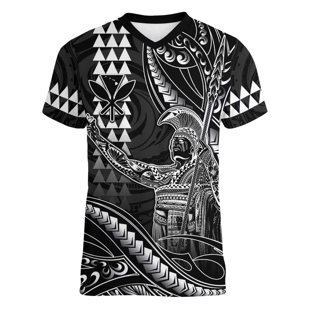 Hawaii King Kamehameha The Great Women V-Neck T-Shirt Black Tribal Tattoo LT05 Female Black - Polynesian Pride