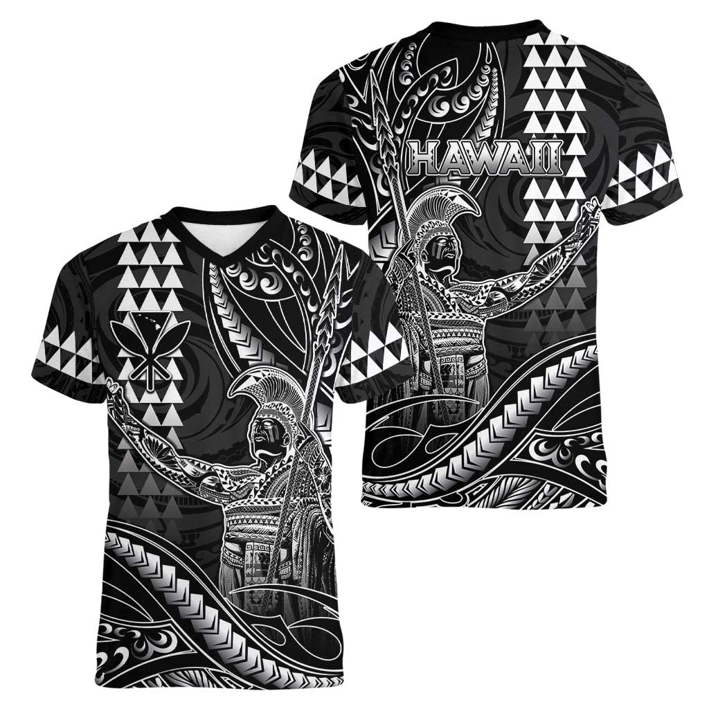 Hawaii King Kamehameha The Great Women V-Neck T-Shirt Black Tribal Tattoo LT05 - Polynesian Pride