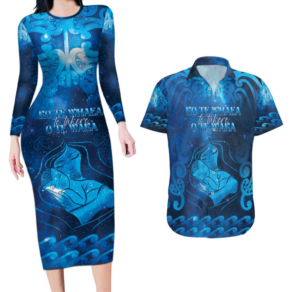 Personalised New Zealand Mother's Day Couples Matching Long Sleeve Bodycon Dress and Hawaiian Shirt Ko Te Whaea Te Takere O Te Waka LT05 Blue - Polynesian Pride