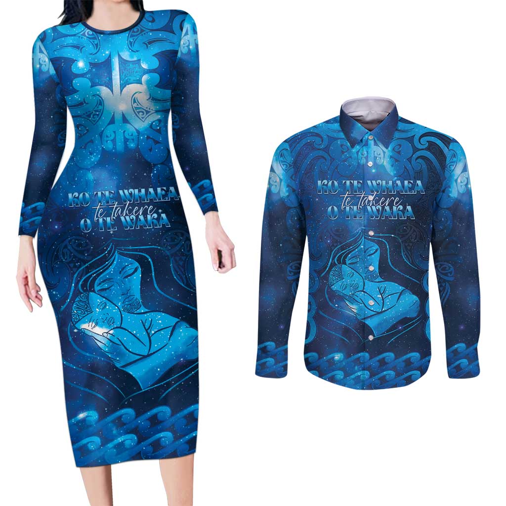 Personalised New Zealand Mother's Day Couples Matching Long Sleeve Bodycon Dress and Long Sleeve Button Shirt Ko Te Whaea Te Takere O Te Waka