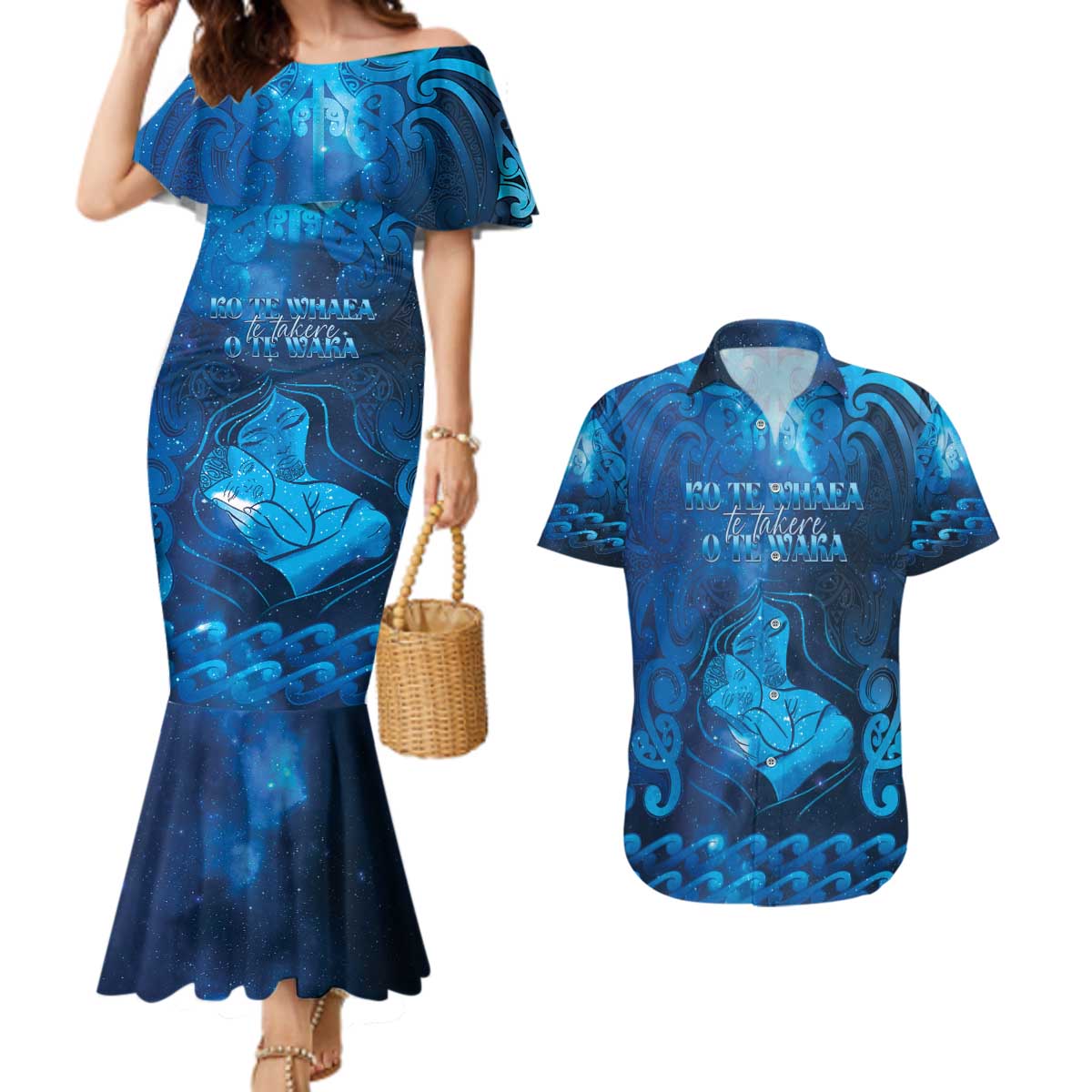 Personalised New Zealand Mother's Day Couples Matching Mermaid Dress and Hawaiian Shirt Ko Te Whaea Te Takere O Te Waka LT05 Blue - Polynesian Pride