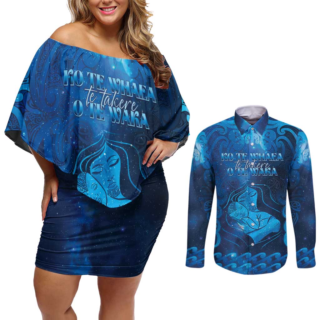 Personalised New Zealand Mother's Day Couples Matching Off Shoulder Short Dress and Long Sleeve Button Shirt Ko Te Whaea Te Takere O Te Waka