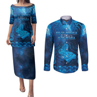 Personalised New Zealand Mother's Day Couples Matching Puletasi and Long Sleeve Button Shirt Ko Te Whaea Te Takere O Te Waka LT05 Blue - Polynesian Pride