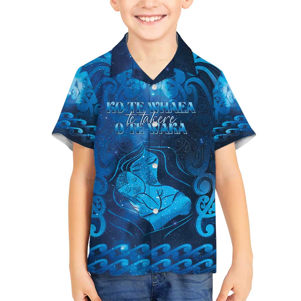 Personalised New Zealand Mother's Day Family Matching Long Sleeve Bodycon Dress and Hawaiian Shirt Ko Te Whaea Te Takere O Te Waka LT05 Son's Shirt Blue - Polynesian Pride