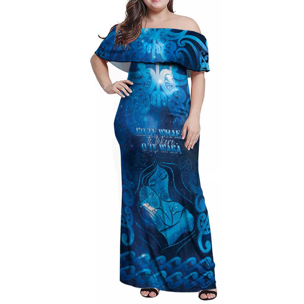 Personalised New Zealand Mother's Day Family Matching Off Shoulder Maxi Dress and Hawaiian Shirt Ko Te Whaea Te Takere O Te Waka
