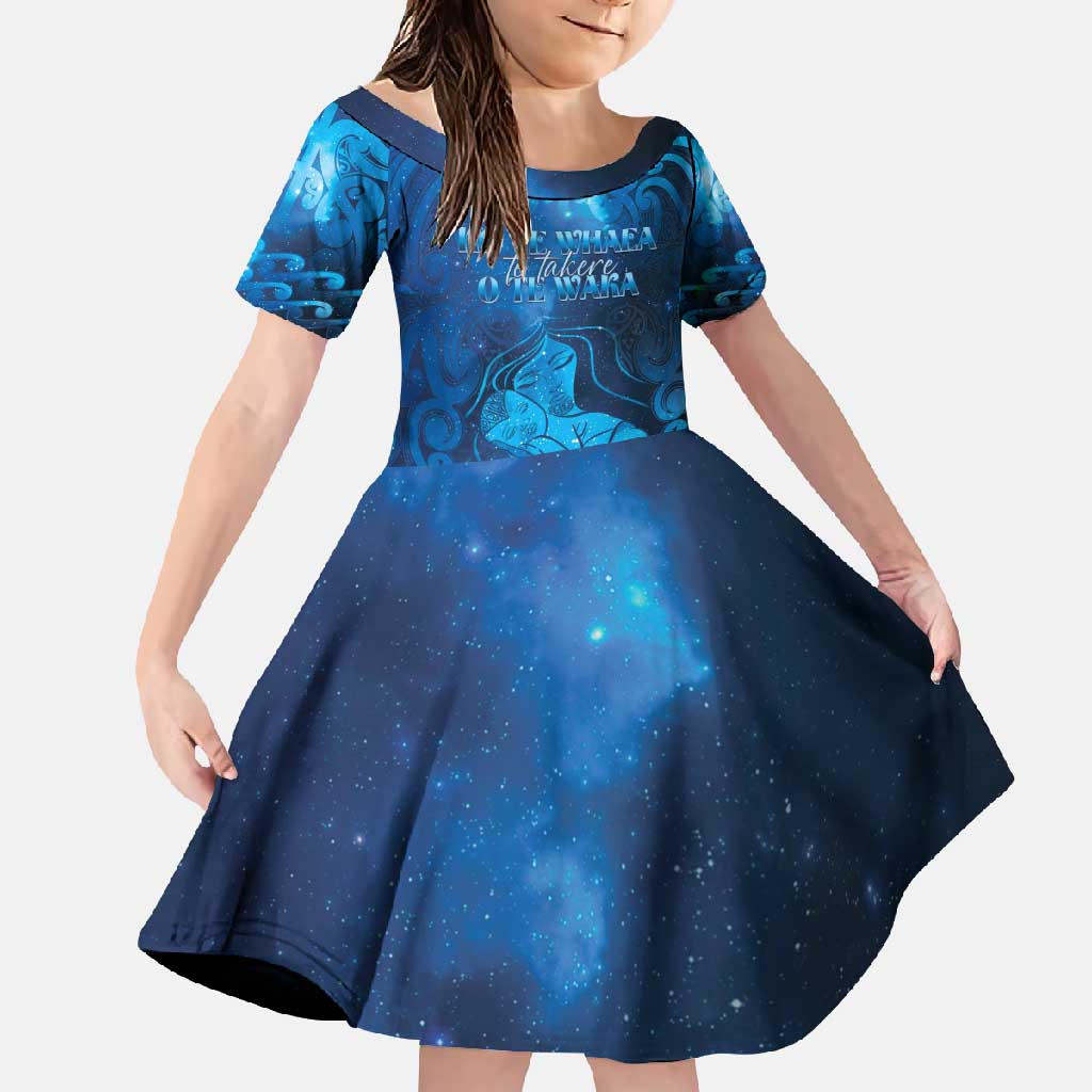 Personalised New Zealand Mother's Day Family Matching Short Sleeve Bodycon Dress and Hawaiian Shirt Ko Te Whaea Te Takere O Te Waka LT05 Daughter's Dress Blue - Polynesian Pride
