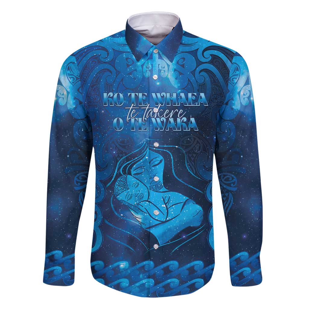 Personalised New Zealand Mother's Day Family Matching Summer Maxi Dress and Hawaiian Shirt Ko Te Whaea Te Takere O Te Waka LT05 Dad's Shirt - Long Sleeve Blue - Polynesian Pride