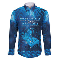 Personalised New Zealand Mother's Day Family Matching Tank Maxi Dress and Hawaiian Shirt Ko Te Whaea Te Takere O Te Waka LT05 Dad's Shirt - Long Sleeve Blue - Polynesian Pride