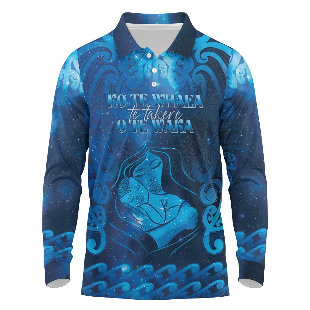Personalised New Zealand Mother's Day Long Sleeve Polo Shirt Ko Te Whaea Te Takere O Te Waka LT05 Blue - Polynesian Pride