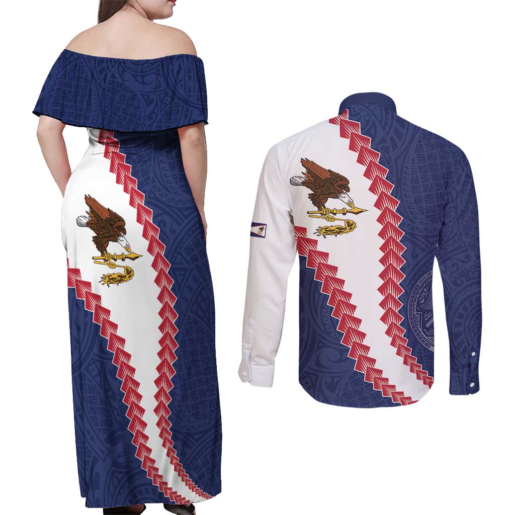 American Samoa Eagle Couples Matching Off Shoulder Maxi Dress and Long Sleeve Button Shirt Polynesian Tribal Pattern Curve Style