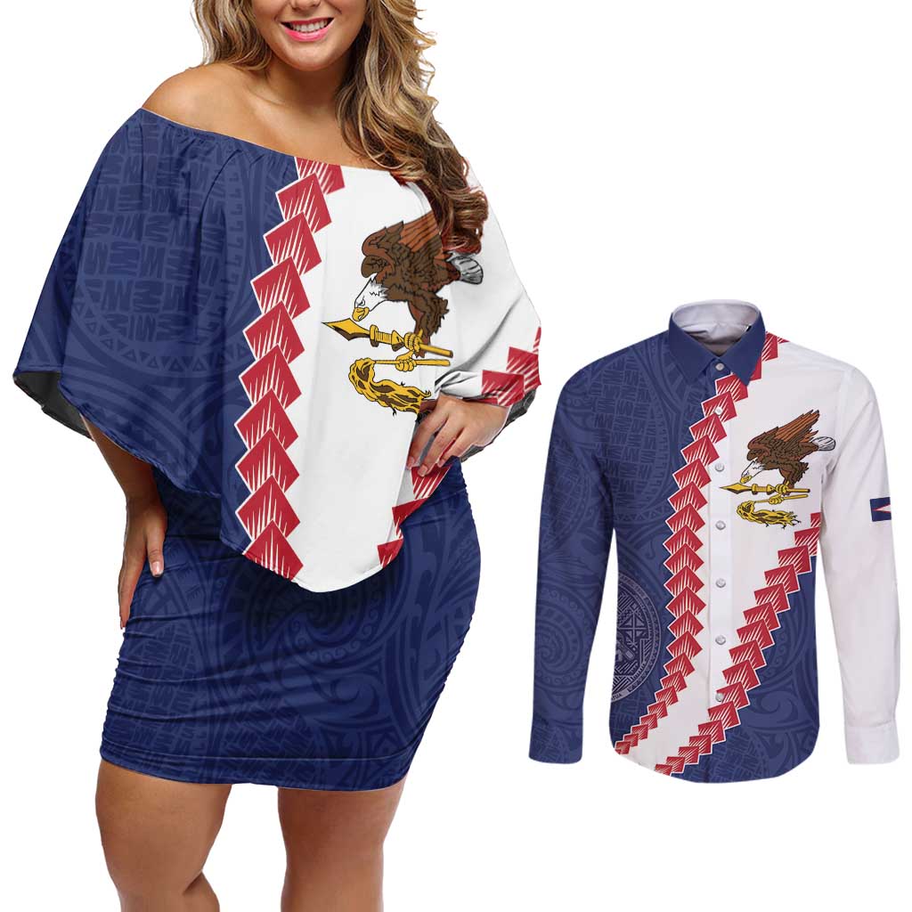 American Samoa Eagle Couples Matching Off Shoulder Short Dress and Long Sleeve Button Shirt Polynesian Tribal Pattern Curve Style