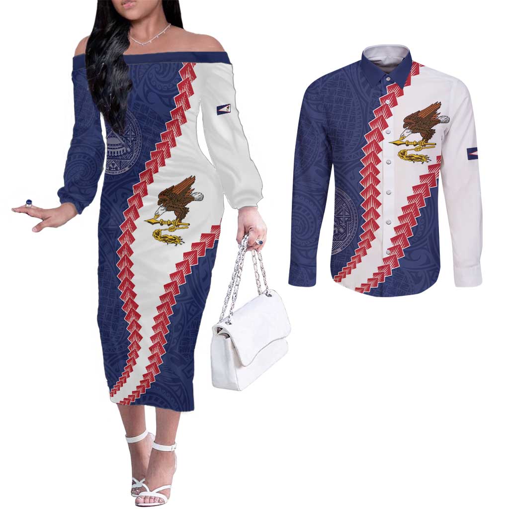 American Samoa Eagle Couples Matching Off The Shoulder Long Sleeve Dress and Long Sleeve Button Shirt Polynesian Tribal Pattern Curve Style LT05 Blue - Polynesian Pride