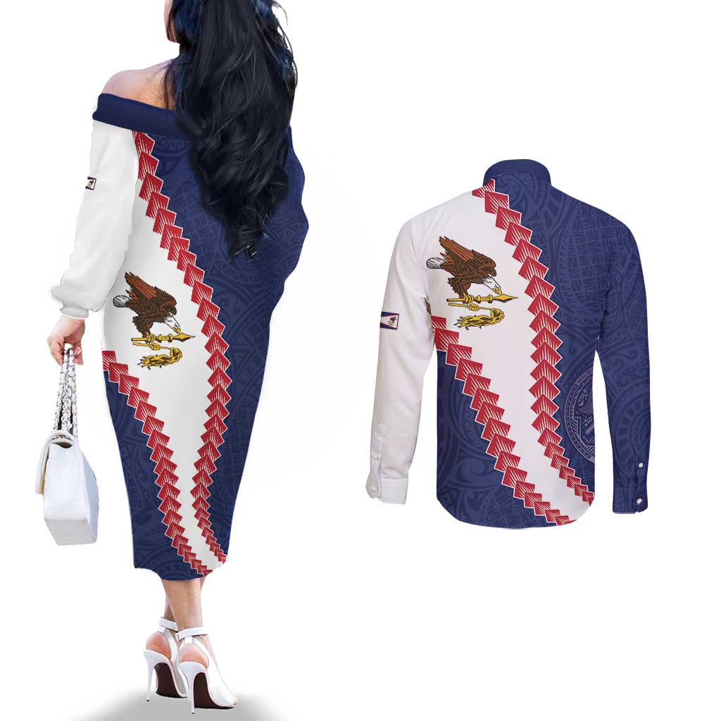 American Samoa Eagle Couples Matching Off The Shoulder Long Sleeve Dress and Long Sleeve Button Shirt Polynesian Tribal Pattern Curve Style LT05 - Polynesian Pride