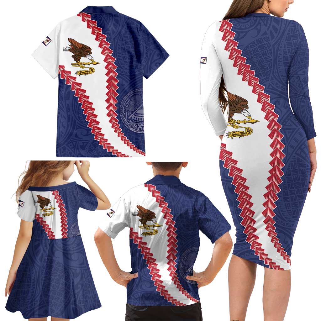 American Samoa Eagle Family Matching Long Sleeve Bodycon Dress and Hawaiian Shirt Polynesian Tribal Pattern Curve Style LT05 - Polynesian Pride