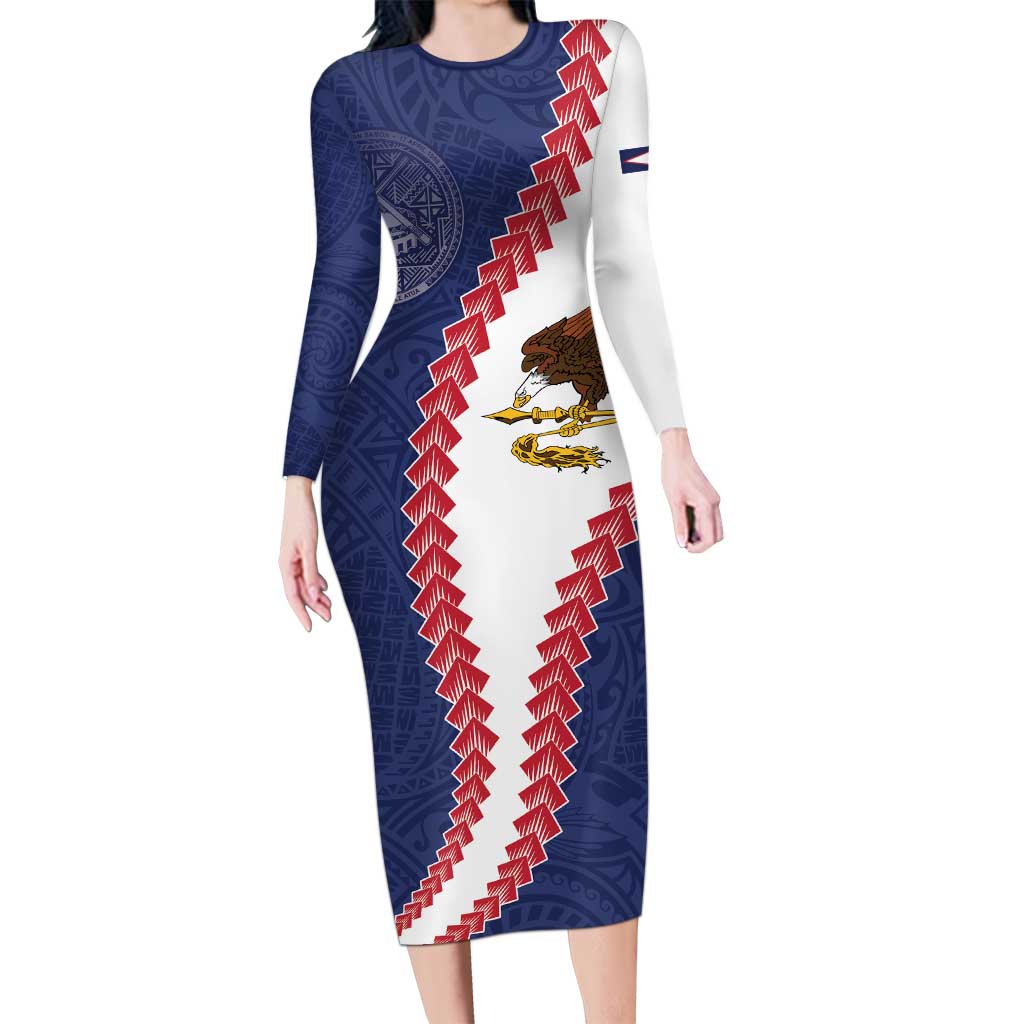 American Samoa Eagle Long Sleeve Bodycon Dress Polynesian Tribal Pattern Curve Style LT05 Long Dress Blue - Polynesian Pride