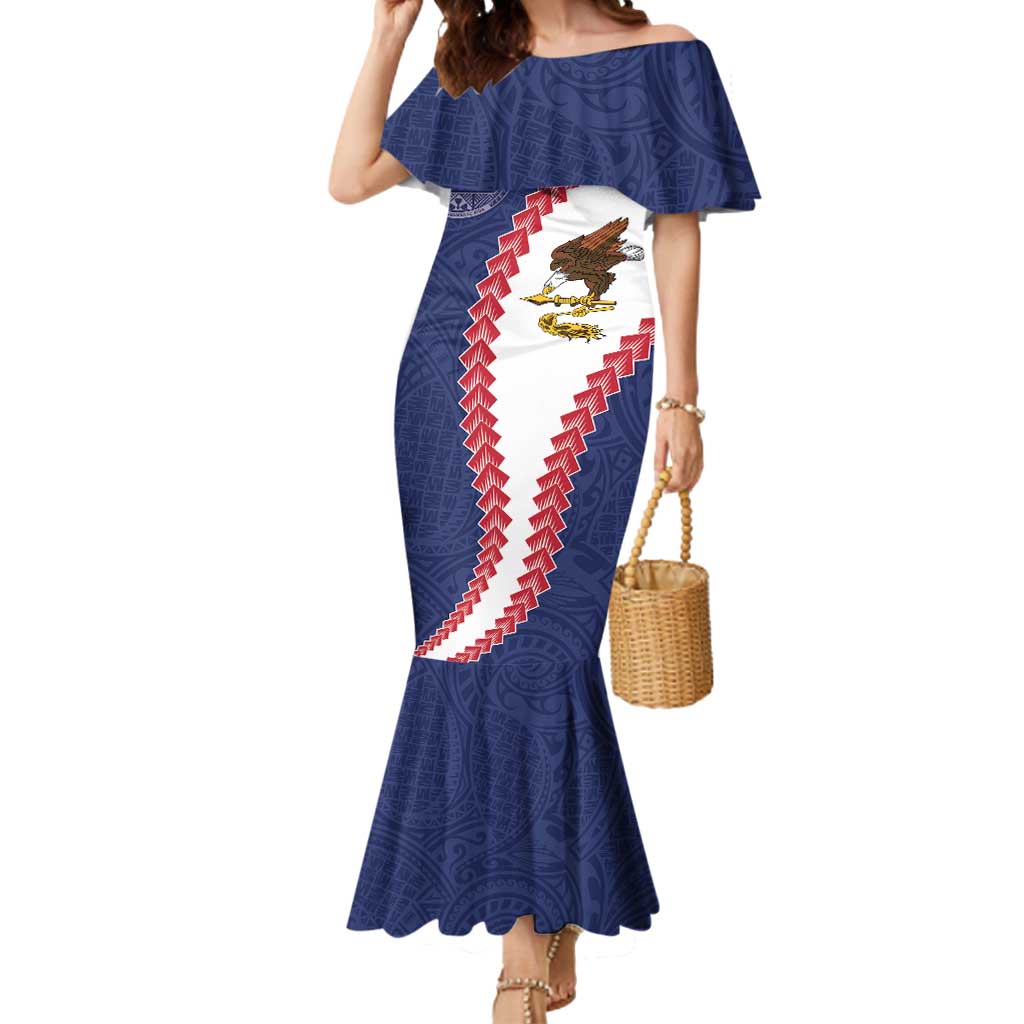 American Samoa Eagle Mermaid Dress Polynesian Tribal Pattern Curve Style LT05 Women Blue - Polynesian Pride