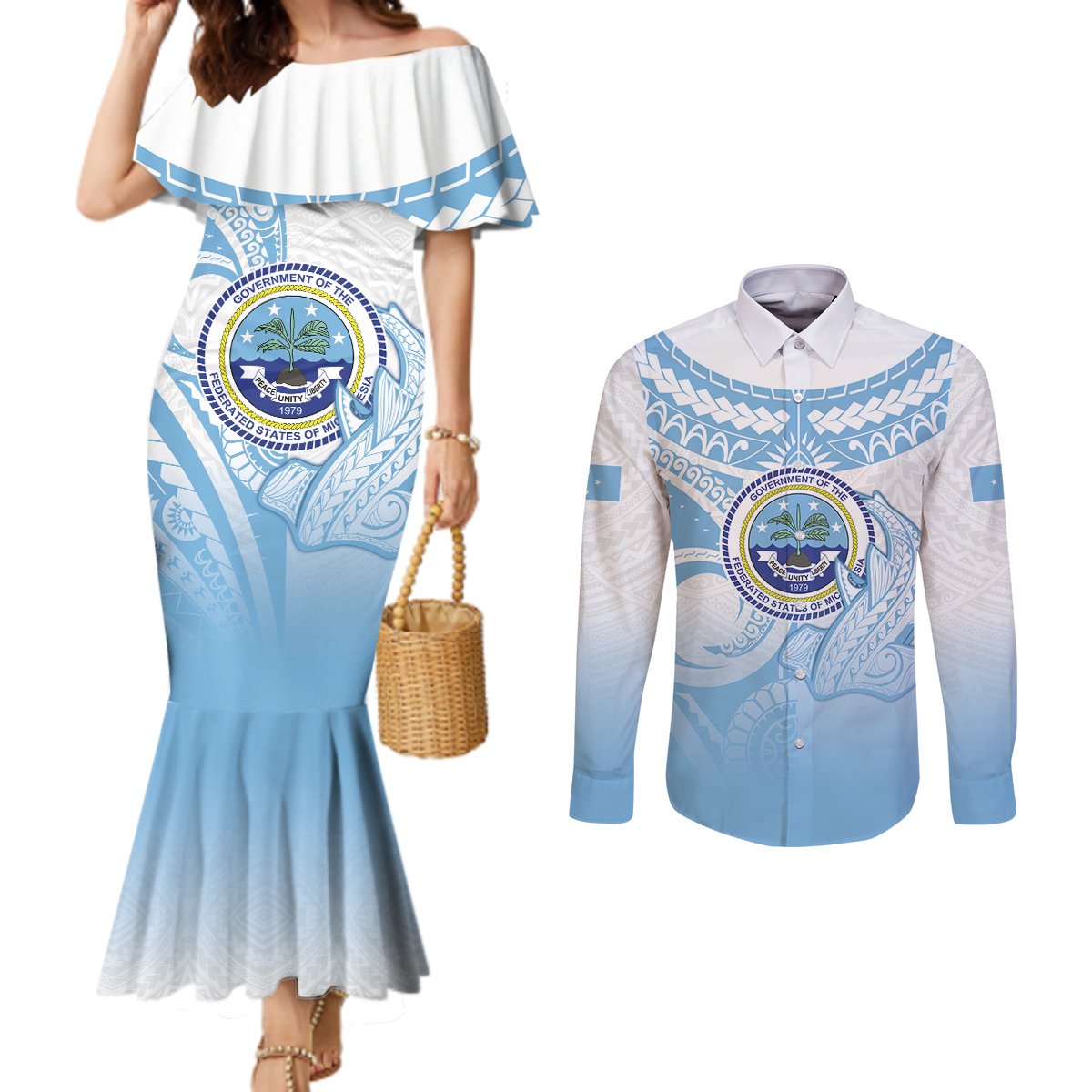 Micronesia Constitution Day Couples Matching Mermaid Dress and Long Sleeve Button Shirt Polynesian Tribal Tattoo Simple Style