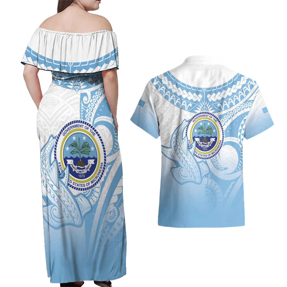 Micronesia Constitution Day Couples Matching Off Shoulder Maxi Dress and Hawaiian Shirt Polynesian Tribal Tattoo Simple Style