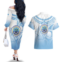 Micronesia Constitution Day Couples Matching Off The Shoulder Long Sleeve Dress and Hawaiian Shirt Polynesian Tribal Tattoo Simple Style