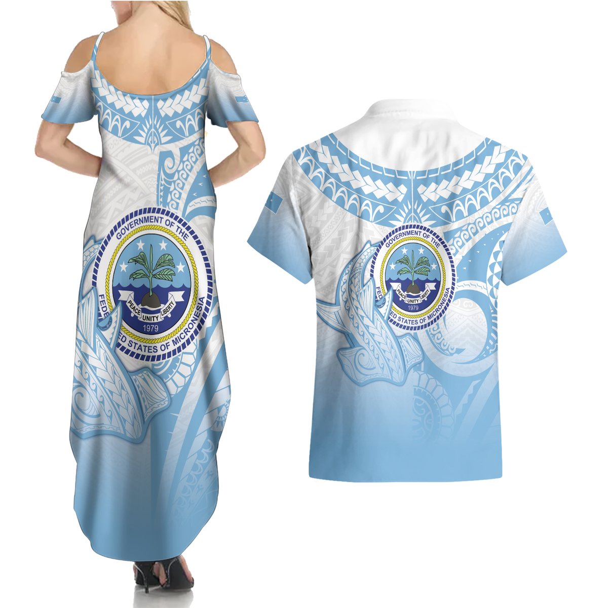 Micronesia Constitution Day Couples Matching Summer Maxi Dress and Hawaiian Shirt Polynesian Tribal Tattoo Simple Style LT05 - Polynesian Pride